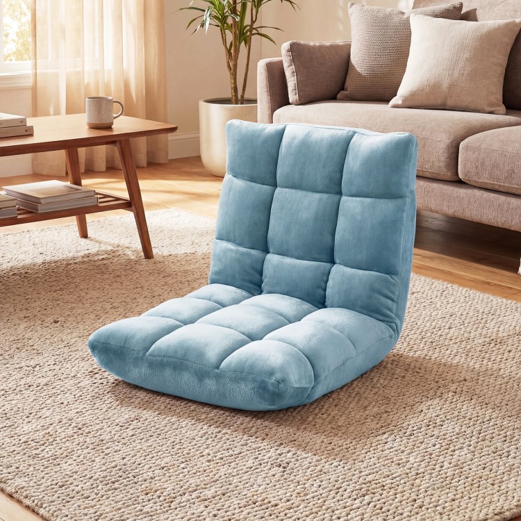 Adjustable cushioned floor chair in blue, featuring 14 positions for comfort, ideal for living room or bedroom use.