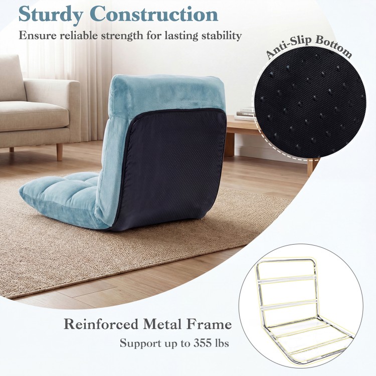14-position adjustable cushioned floor chair in green with a reinforced metal frame, ideal for comfortable seating.