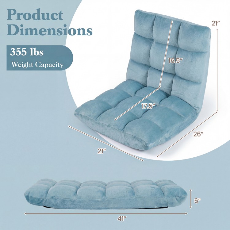Adjustable cushioned floor chair in green with 14 positions, 355 lbs capacity, ideal for gaming or reading.