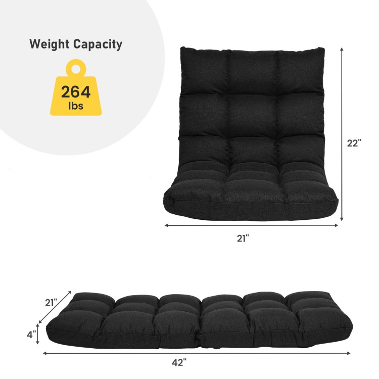 Adjustable black gaming sofa chair shown in upright and flat positions, featuring breathable fabric and a 264 lbs.