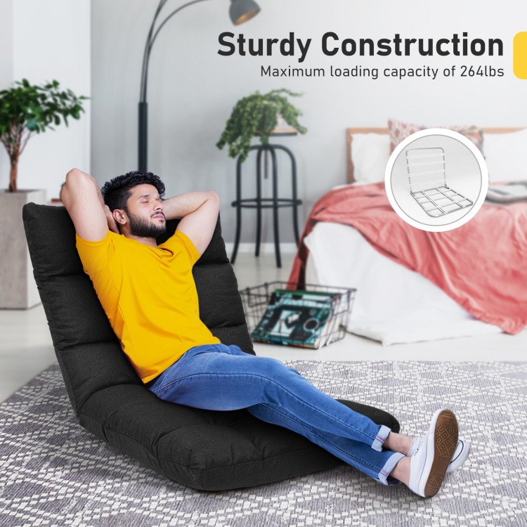 Adjustable black gaming sofa in a reclined position, featuring a sturdy steel frame and breathable fabric for comfort.