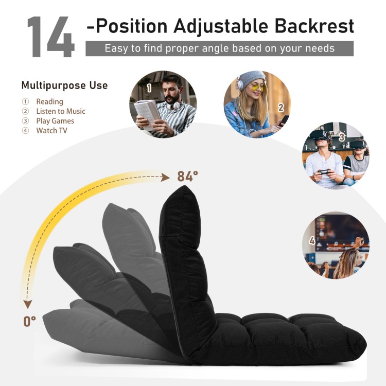 14-position adjustable black gaming sofa chair with breathable fabric, ideal for gaming, reading, or relaxing.