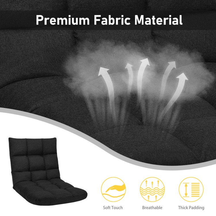 Adjustable black gaming sofa chair with breathable fabric, thick padding, and ergonomic design for ultimate comfort.