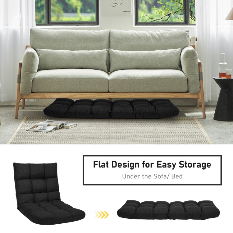 14-position adjustable black floor chair with breathable fabric, ideal for gaming or relaxing in any room.
