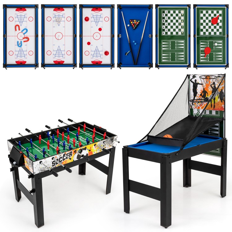 14-in-1 combo game table set featuring foosball, billiard, and basketball for versatile family fun and gatherings.