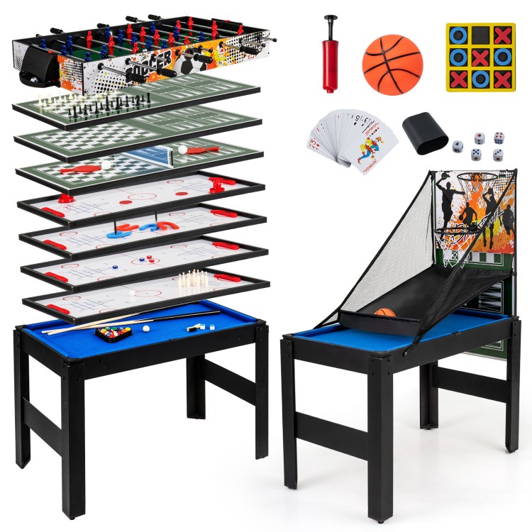 14-in-1 combo game table set featuring foosball, billiard, and basketball for versatile family fun and gatherings.