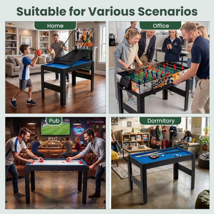 14-in-1 combo game table set showcasing foosball, billiard, and air hockey for versatile game room fun.