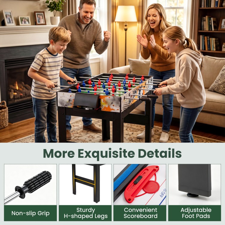 14-in-1 combo game table featuring non-slip grips, sturdy H-shaped legs, and adjustable foot pads for family gatherings.