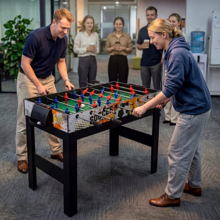 Foosball game in action on a 14-in-1 combo game table, ideal for family gatherings and office fun.