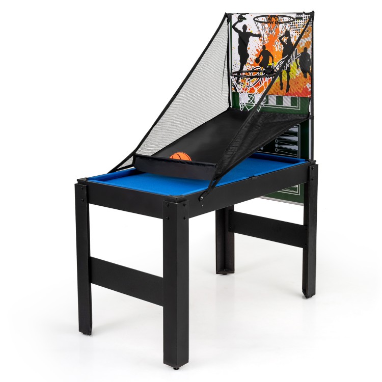 14-in-1 combo game table featuring basketball setup, compact design, and adjustable foot pads for versatile gameplay.