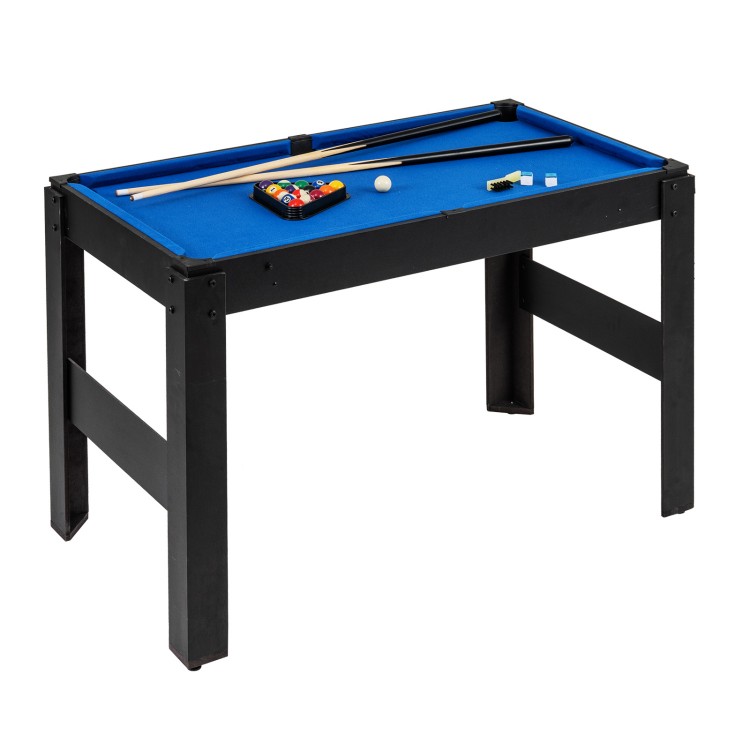 Compact 14-in-1 combo game table with blue felt, suitable for billiards, foosball, and family gatherings.