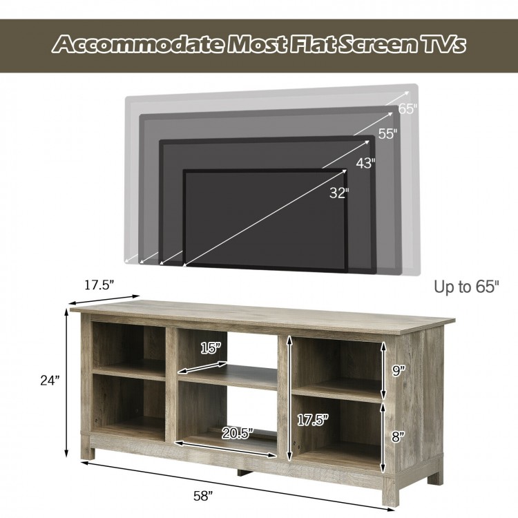 58-inch gray TV stand with 6 open shelves, suitable for TVs up to 65", perfect for living room or bedroom use.
