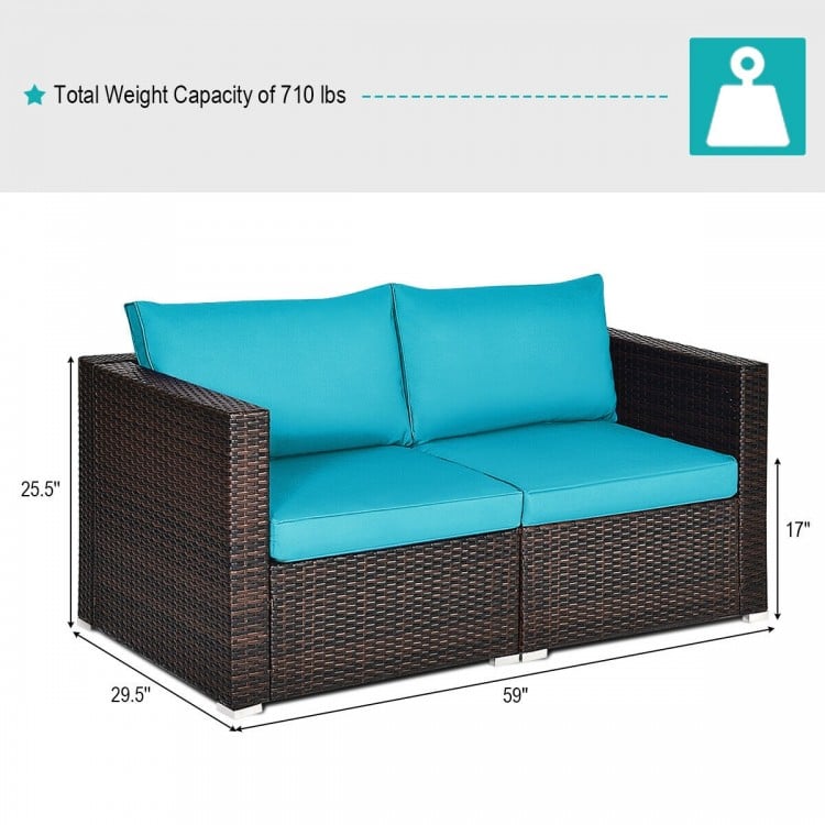 Two-piece patio rattan sectional sofa set with blue cushions, featuring a sturdy steel frame for outdoor relaxation.