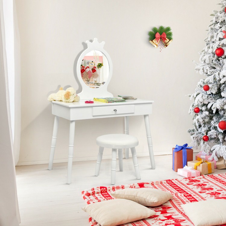 White vanity makeup table and chair set with mirror, featuring a large drawer and soft cushioned stool for kids' rooms.