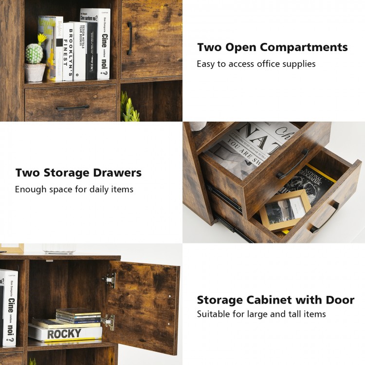 Mobile file cabinet in brown with open compartments, two storage drawers, and wheels for easy movement in any room.