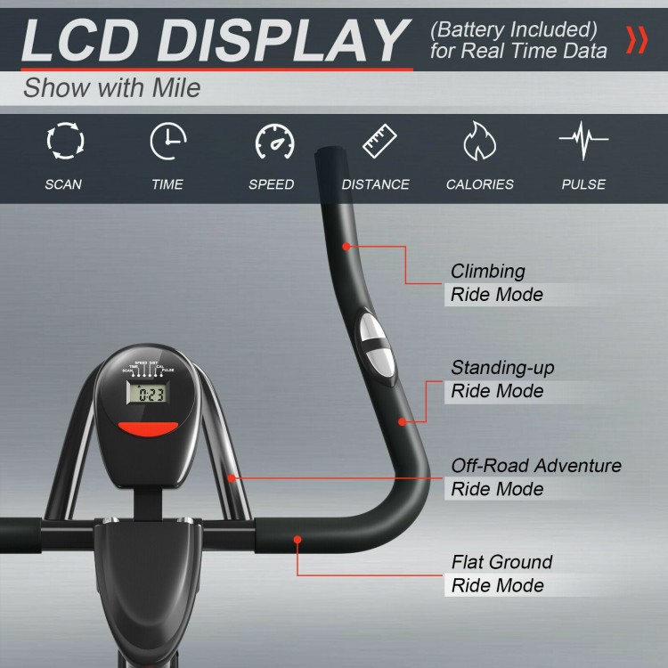LCD display of the 30 lbs fixed training bicycle showing time, distance, calories, and pulse for home or gym use.