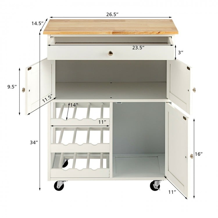 Kitchen cart with rubber wood top, featuring 3-tier wine racks and 2 cabinets for organized kitchen storage.