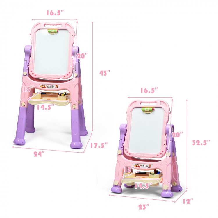 Height adjustable pink kids art easel with magnetic whiteboard and chalkboard, featuring a spacious storage tray.