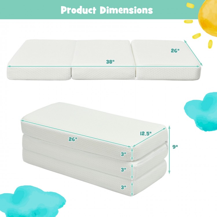 Tri-fold memory foam baby mattress with carrying bag, featuring dimensions of 38"x26"x3", ideal for travel and playpens.