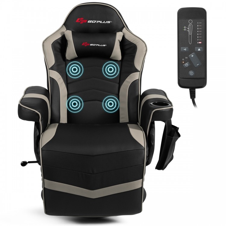 Ergonomic high back massage gaming chair in gray with 4 massage points, adjustable backrest, and cup holder for.