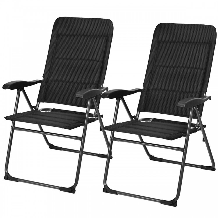 Two black outdoor folding patio chairs with adjustable backrests, made of steel and oxford fabric, ideal for backyard.