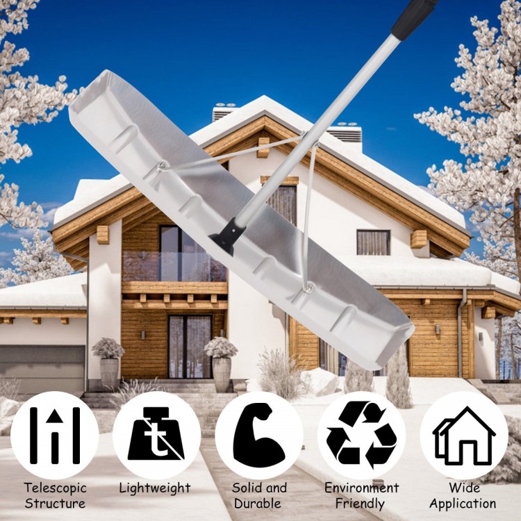 Large aluminum snow roof rake with telescoping pole, lightweight design, and no-angle blade for safe snow removal.