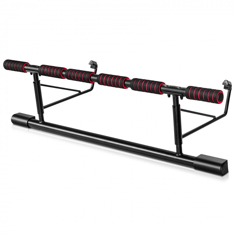 Foldable pull-up bar with foam grip, designed for home gym use, supports up to 440 lbs, easy installation without.