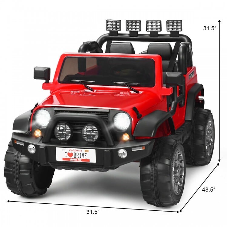 Red 12V 2-seater ride-on car with remote control, LED lights, and storage, perfect for kids' outdoor fun.