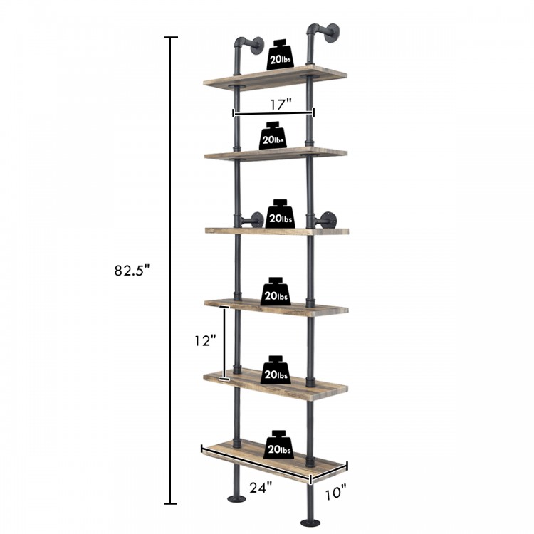 6-tier industrial wall-mounted pipe shelves with sturdy metal supports, offering an elegant solution for space-saving.