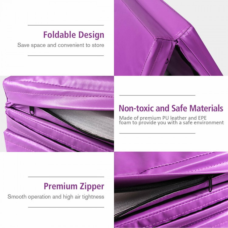 Purple folding gymnastics tumbling mat with PU leather, EPE foam, and premium zipper for easy cleaning and storage.