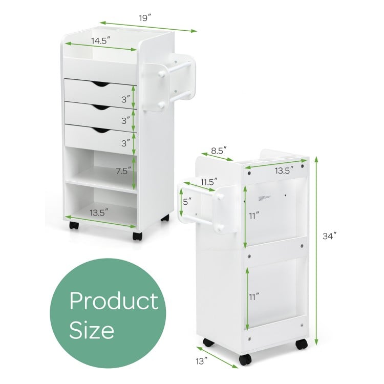 Wooden utility rolling craft storage cart in white with 3 drawers, 3 shelves, and 4 rolling casters for versatile use.