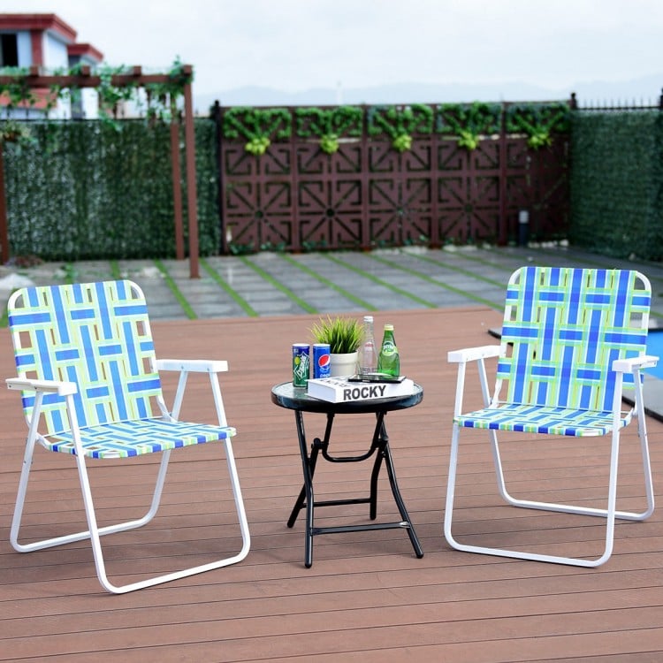 Two blue folding beach chairs with a steel frame and webbing, perfect for camping or lawn gatherings.