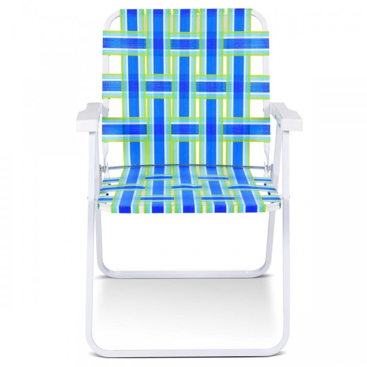 Folding beach chair with blue webbing, solid steel frame, portable design for camping and outdoor activities.