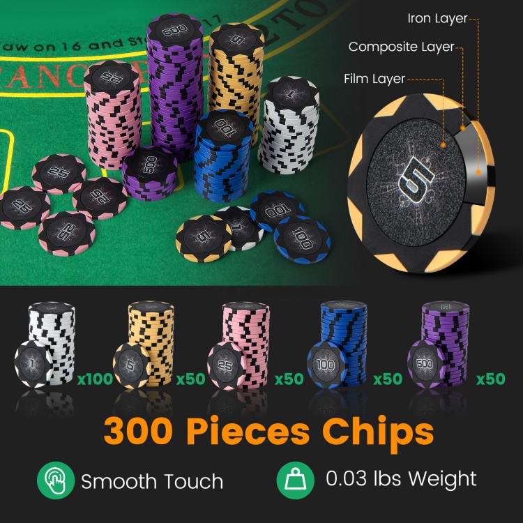 300 pieces of 14 gram poker chips in various colors, perfect for Texas Holdem and card games, with durable materials.