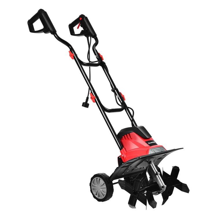 14-inch corded electric tiller with a 10-amp motor, designed for small gardens, featuring ergonomic handles and wheels.