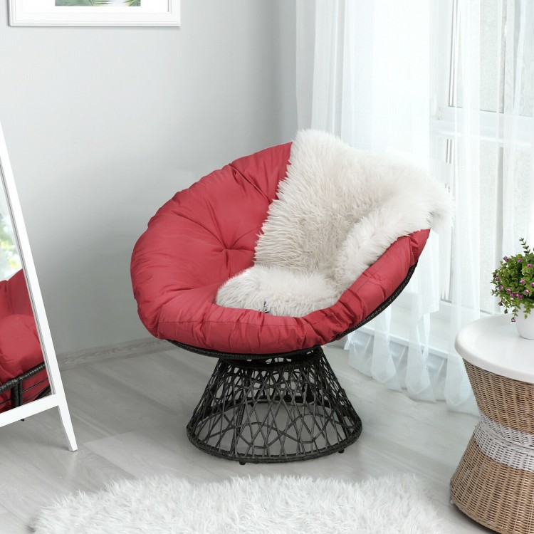 Dark red ergonomic rattan Papasan chair with soft cushion, 360-degree swivel, perfect for indoor and outdoor use.