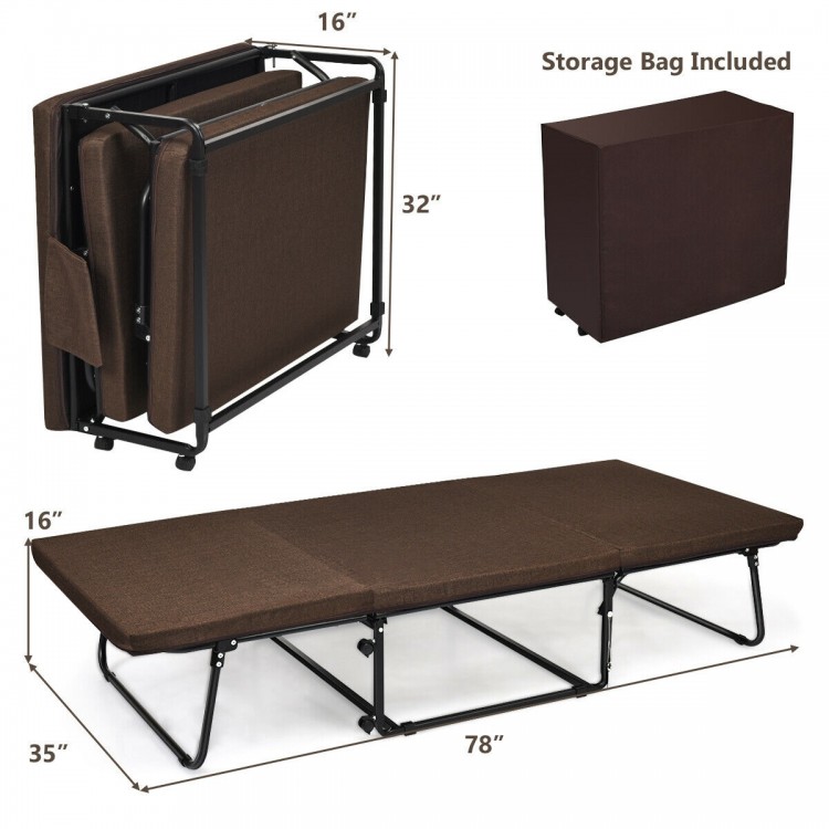Folding guest sleeper bed in brown with 6 position adjustment, removable cover, and storage bag for versatile use.