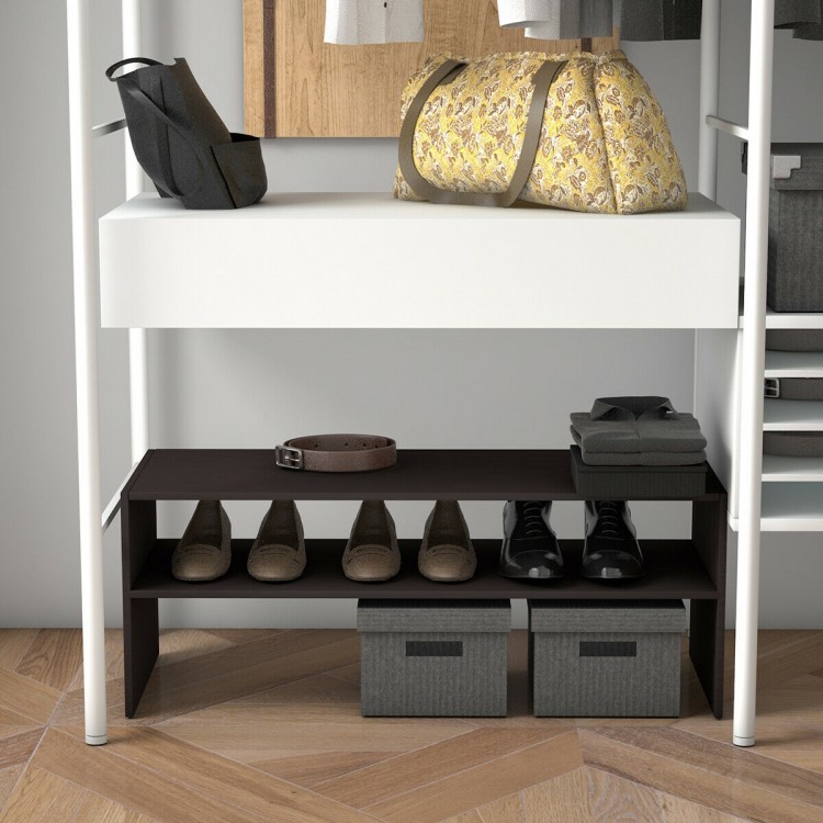 Stackable 31-inch brown shoe rack with storage space, featuring a durable wooden structure for home or office use.