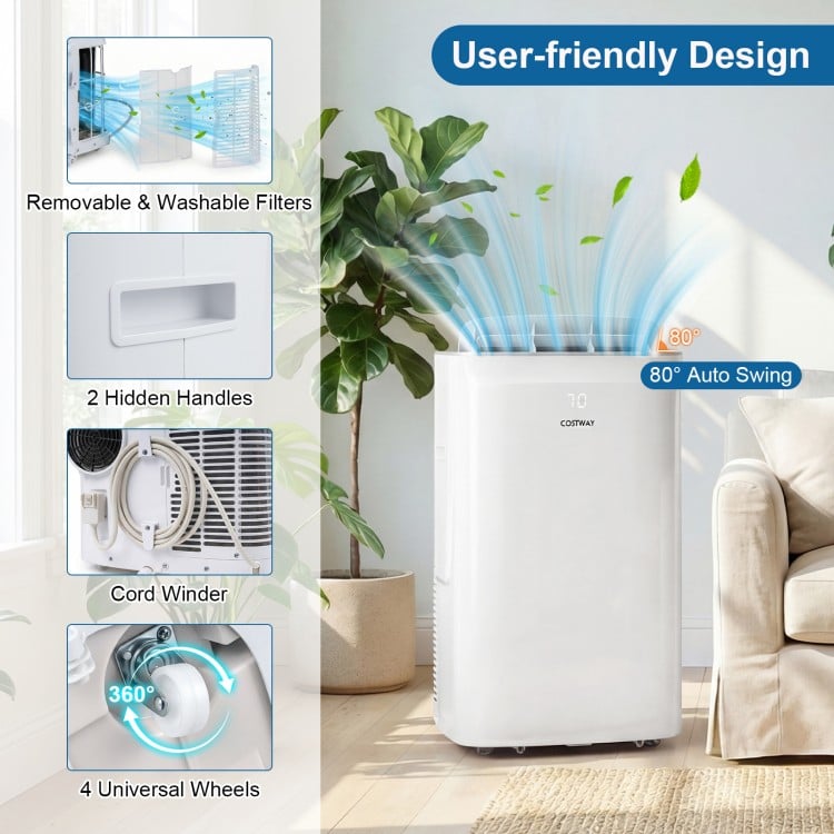 Portable air conditioner with 80° auto swing, removable filters, and universal wheels for easy mobility and comfort.