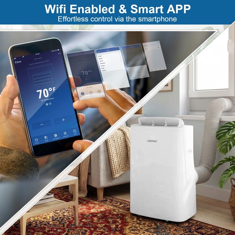 Smart WiFi enabled portable air conditioner with remote control, showcasing user-friendly app interface and sleek white.