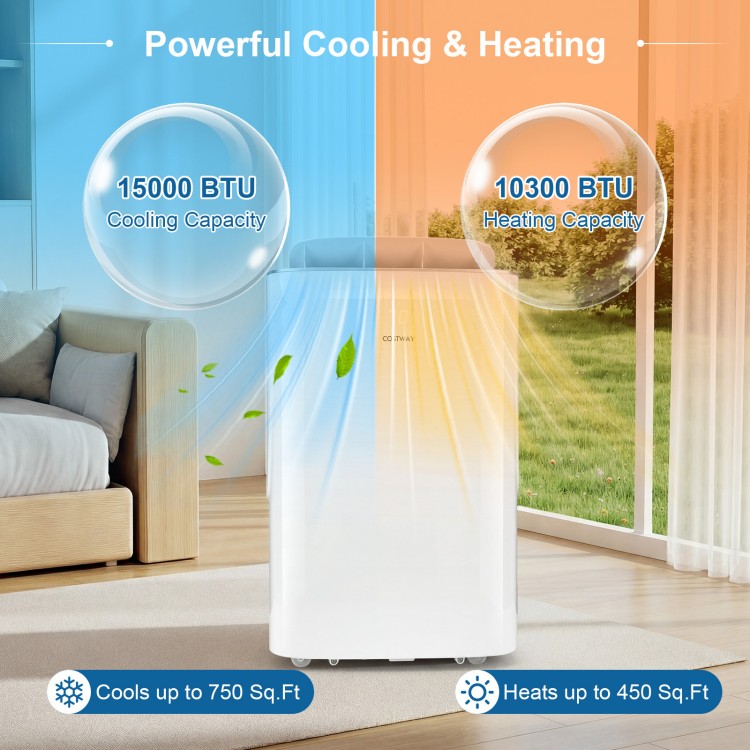 15000 BTU portable air conditioner in white, smart WiFi enabled, cooling and heating unit for large spaces.