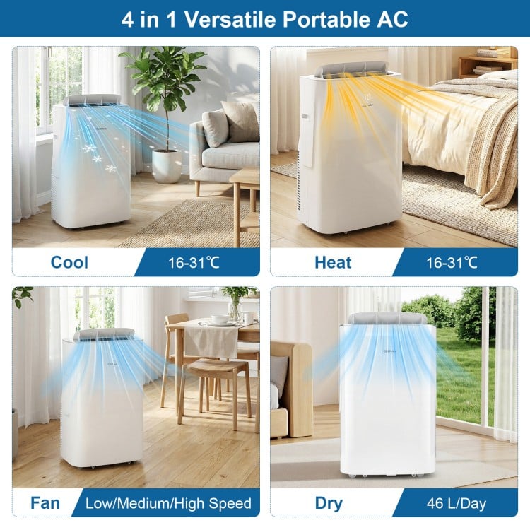 Portable air conditioner with cooling, heating, and fan modes, featuring smart WiFi control and 15,000 BTU capacity.