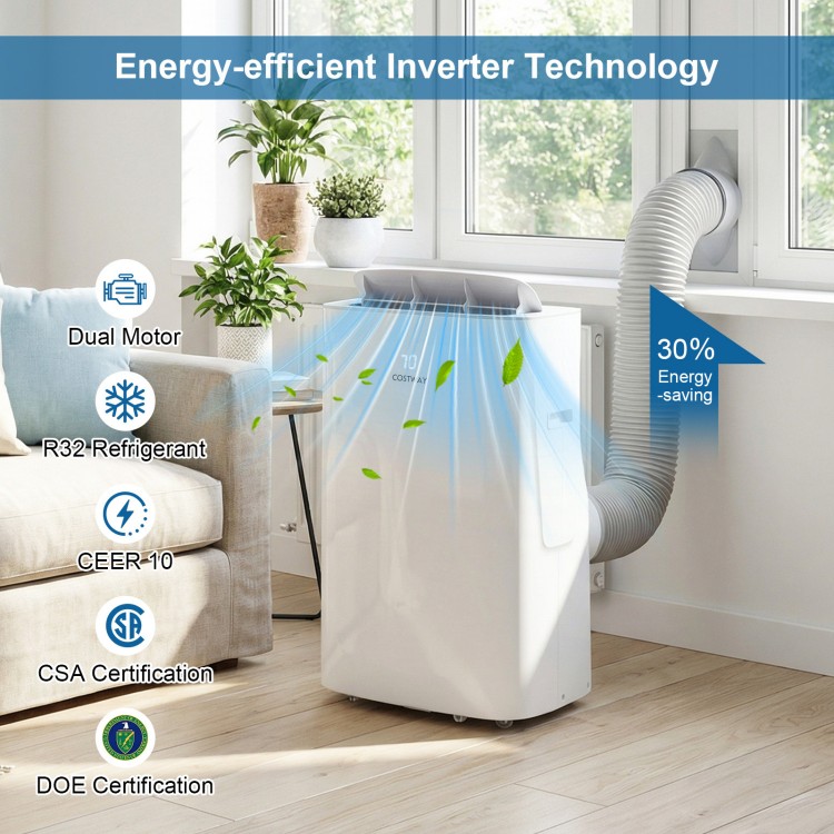 15000 BTU inverter portable air conditioner in white with smart WiFi, featuring cooling, heating, and energy-efficient.