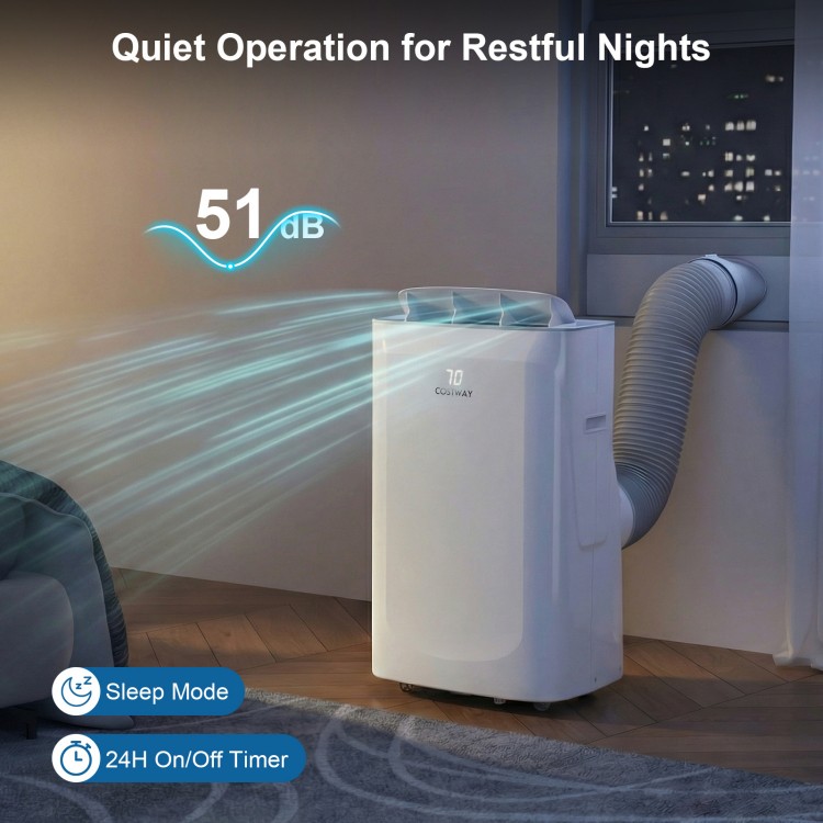 15000 BTU inverter portable air conditioner in white, featuring quiet operation at 51dB, ideal for restful nights.
