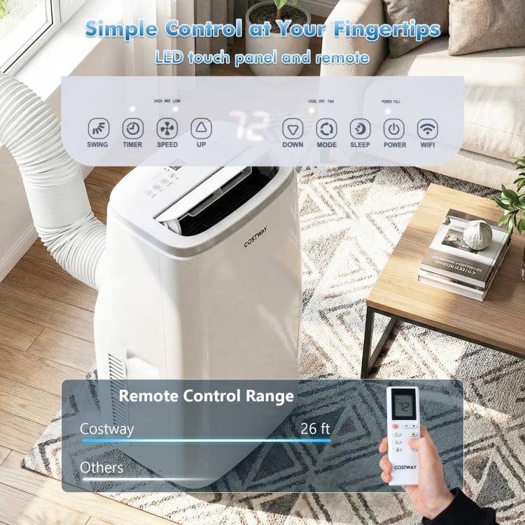 15000 BTU portable air conditioner with LED touch panel and remote control, ideal for cooling areas up to 750 sq.ft.