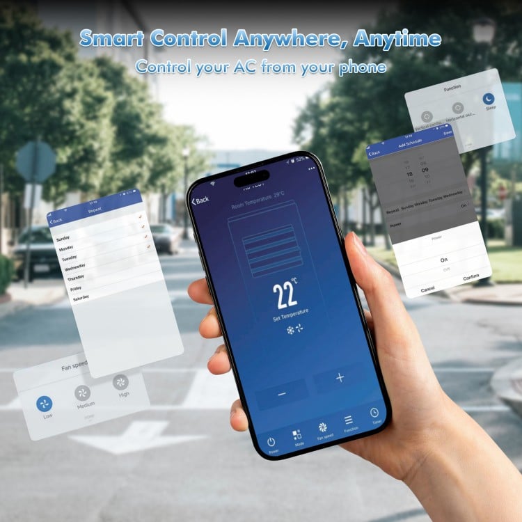 Smartphone controlling the 15000 BTU portable air conditioner for convenient cooling anywhere, anytime.