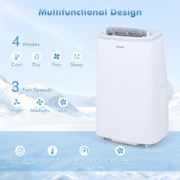 15000 BTU portable air conditioner in white with WiFi control, featuring 4 modes and 3 fan speeds for versatile cooling.