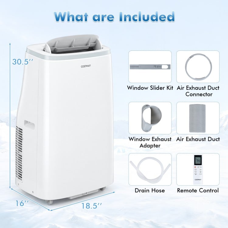 15000 BTU portable air conditioner in white with remote control, window slider kit, and flexible drainage options for.
