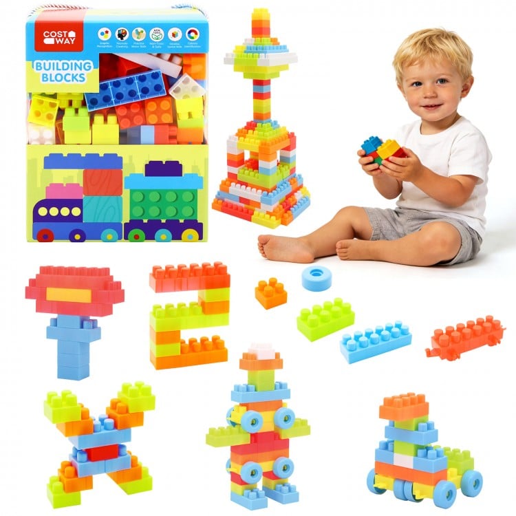Colorful 150 pcs toddler building blocks set for STEM learning, featuring safe, burr-free edges for creative play.