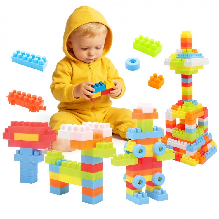 Colorful 150-piece toddler building blocks set for STEM learning, featuring various shapes and safe, BPA-free materials.